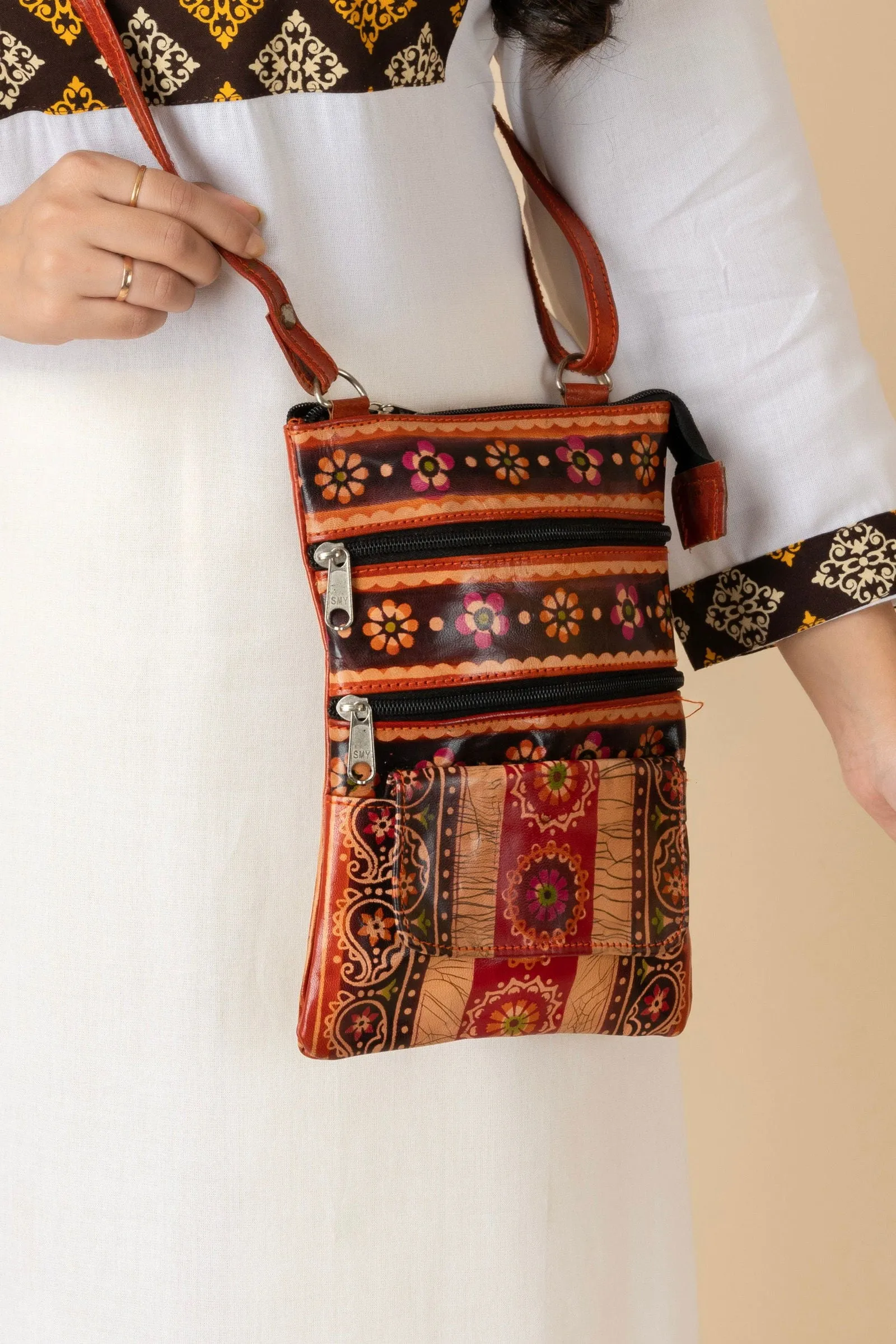 Shantiniketan Brown Leather Crossbody Sling Bag for Women - 4 Compartments, Handcrafted, Stylish Design