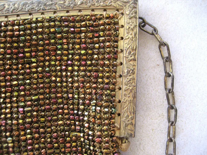 Silk Bronze-Colored Colorful Beaded Fringed Purse