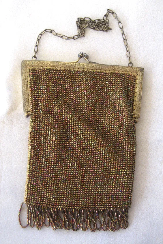 Silk Bronze-Colored Colorful Beaded Fringed Purse