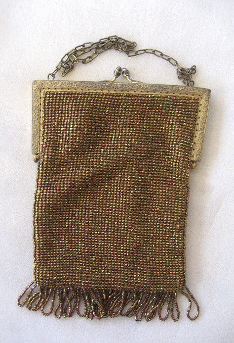 Silk Bronze-Colored Colorful Beaded Fringed Purse