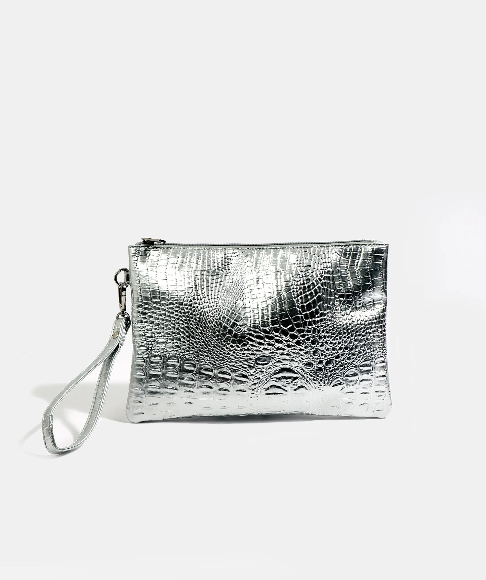 Silver Metallic Clutch with Zipped Closure and Interior Pockets