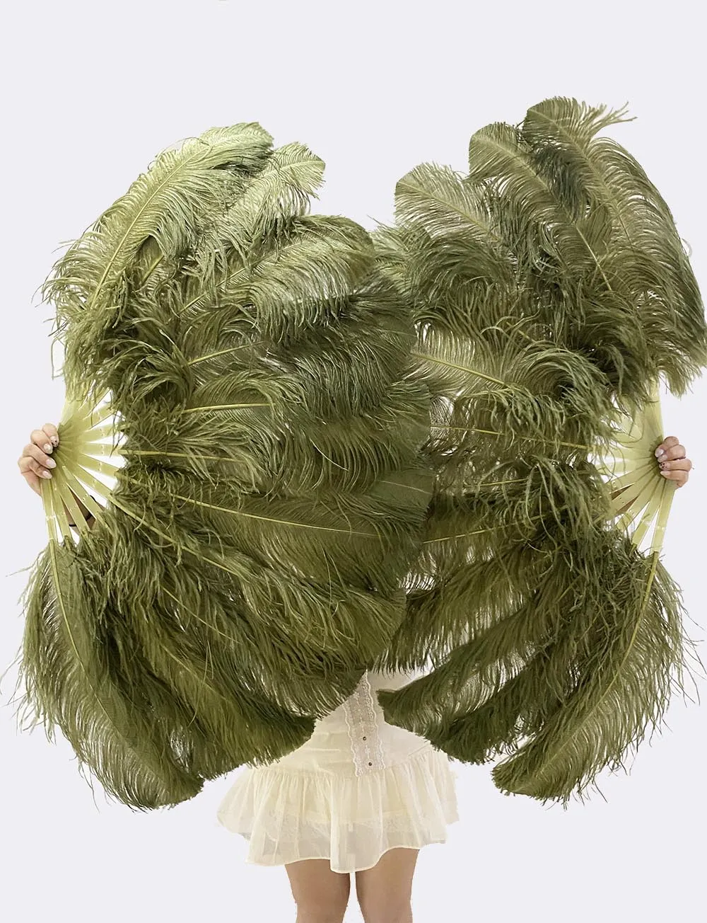 Single layer Olive green Beginner’s Ostrich Feather Fan 25"x 45"