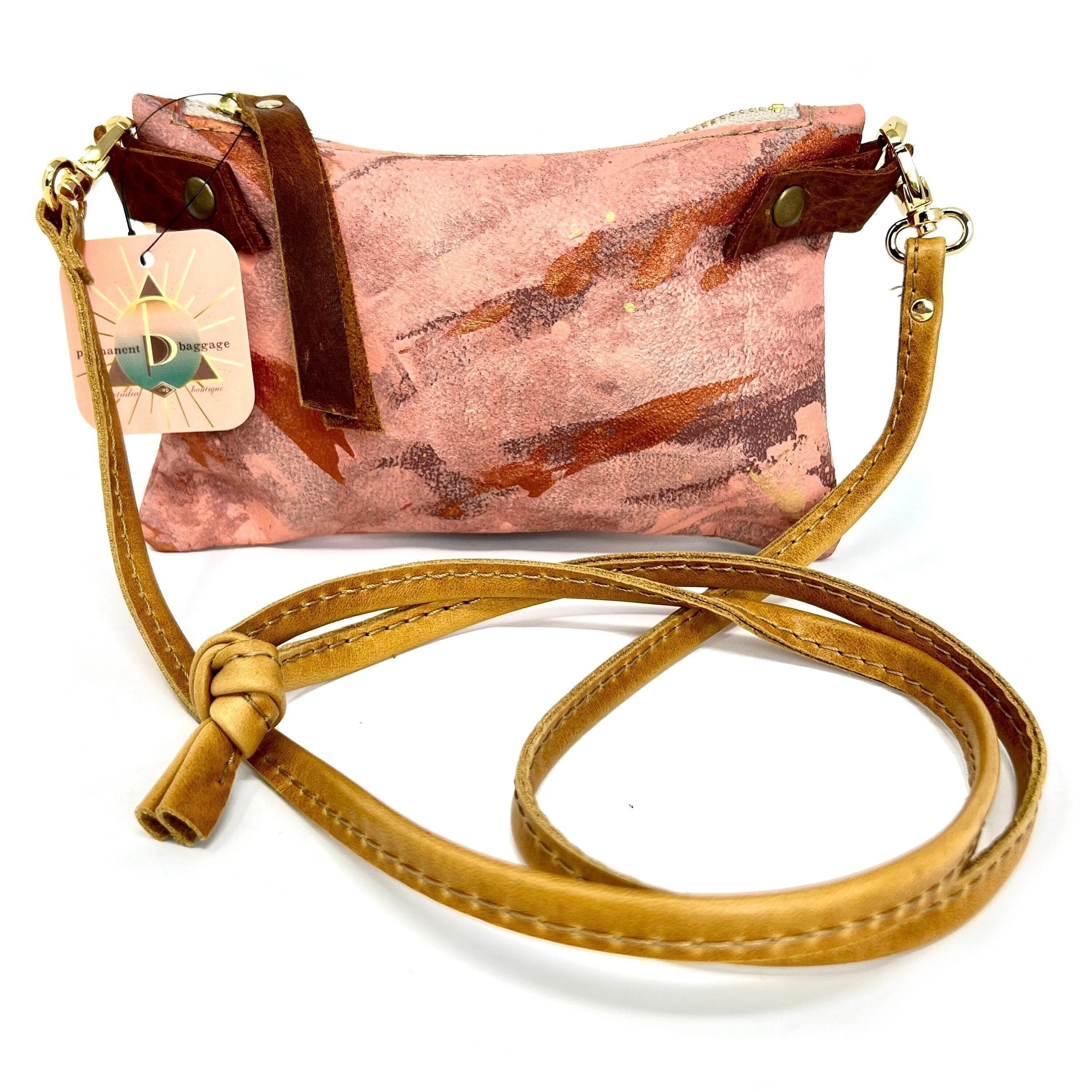 Small Leather Shoulder Bag Crossbody Purse For Women - Hand Painted in Colors of Blush Pink Purple and Metallic Copper - One Of A Kind