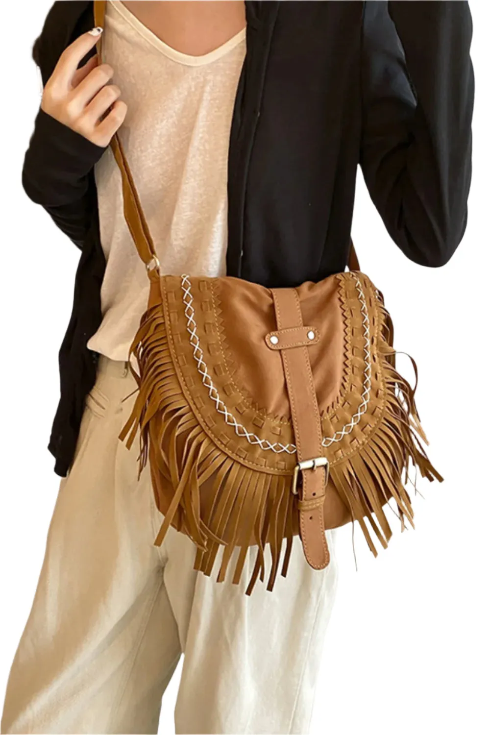 Suede Fringe Wide Strap Shoulder Bag