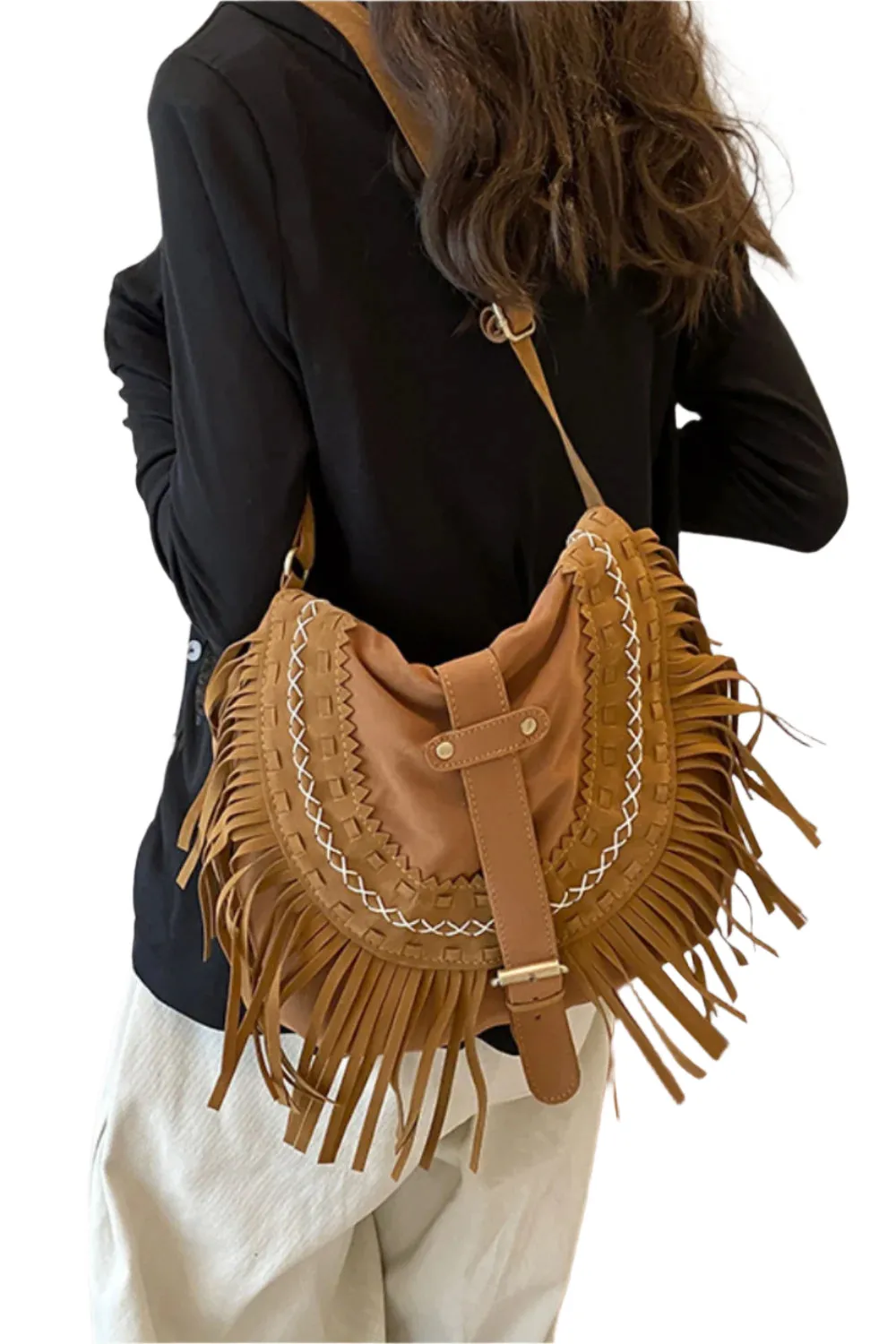 Suede Fringe Wide Strap Shoulder Bag