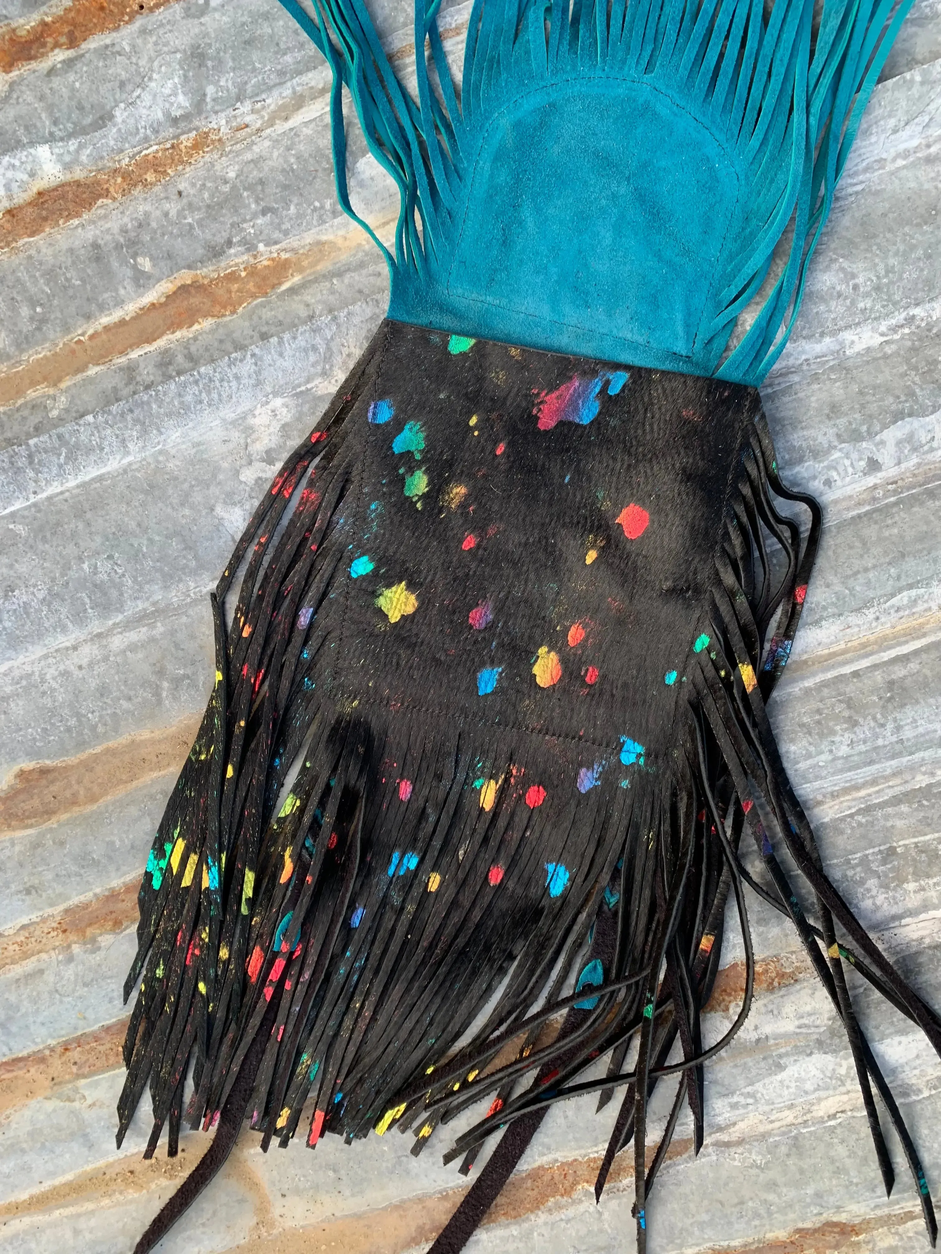 The Arena Leather Fringe Purse with Hand Tooled Sunflower and Confetti Acid Wash Hair on Hide