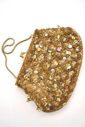 Vintage 60s Gold Sequin Beaded Evening Purse • Snake Chain Handle