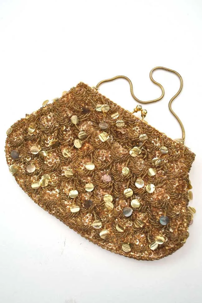 Vintage 60s Gold Sequin Beaded Evening Purse • Snake Chain Handle