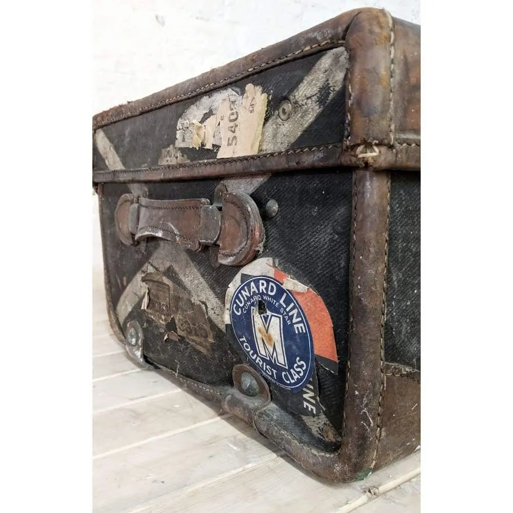 Vintage Travel trunk with stickers - suitcase with leather straps