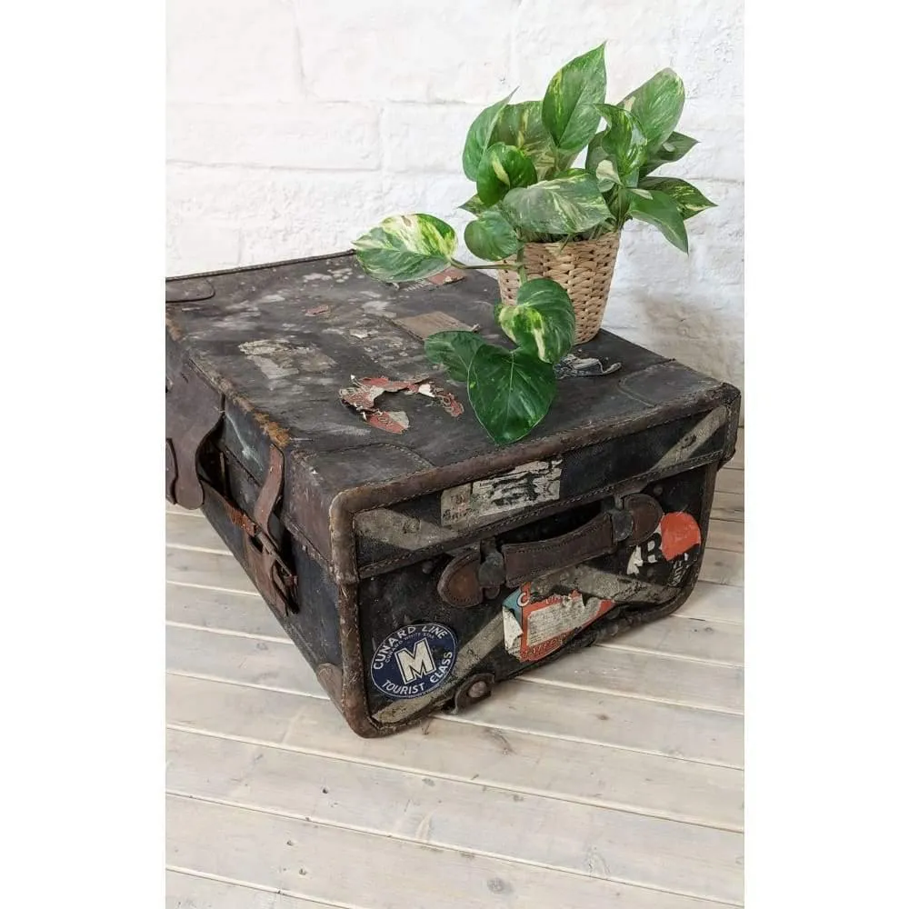 Vintage Travel trunk with stickers - suitcase with leather straps