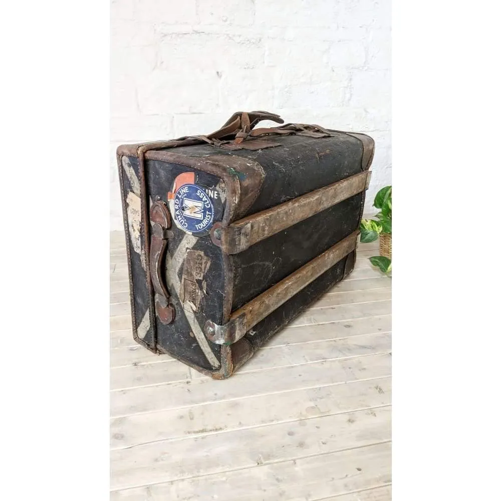 Vintage Travel trunk with stickers - suitcase with leather straps