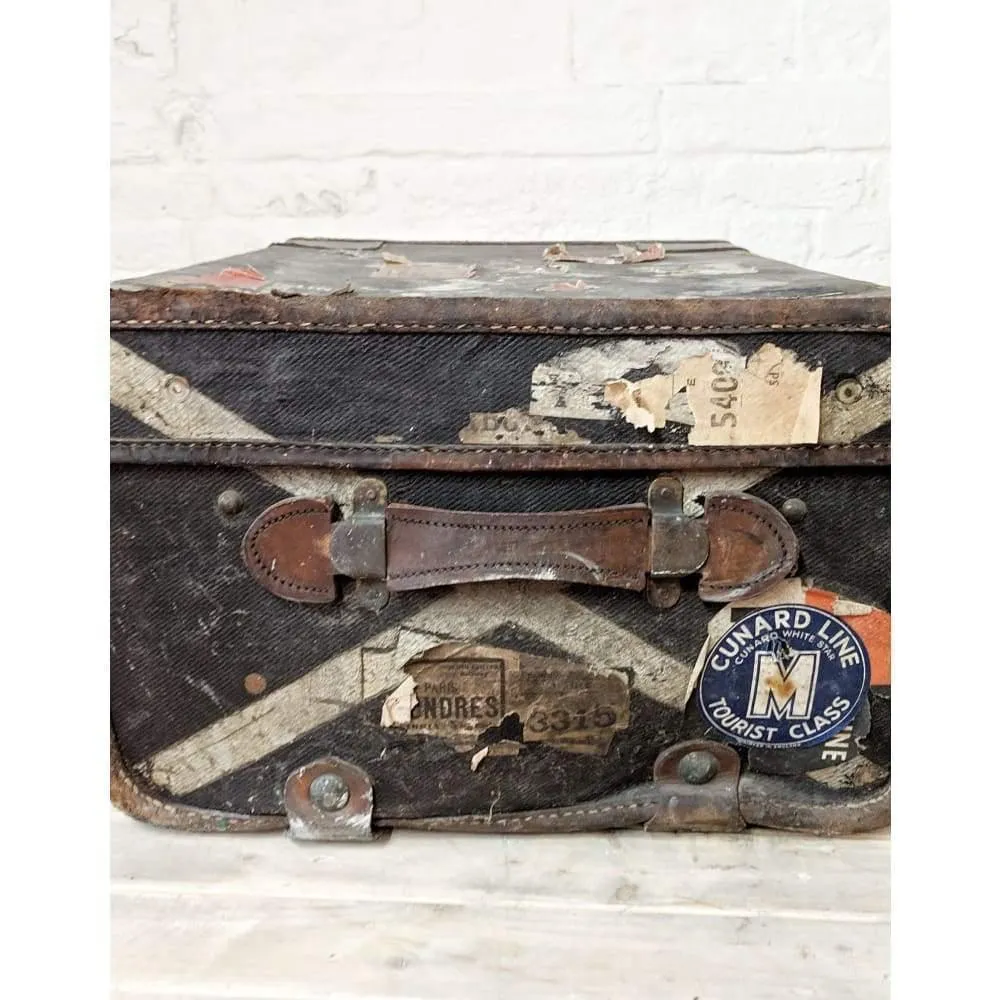 Vintage Travel trunk with stickers - suitcase with leather straps