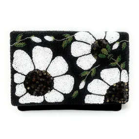 White Black Poppy Beaded Sequin Clutch Purse