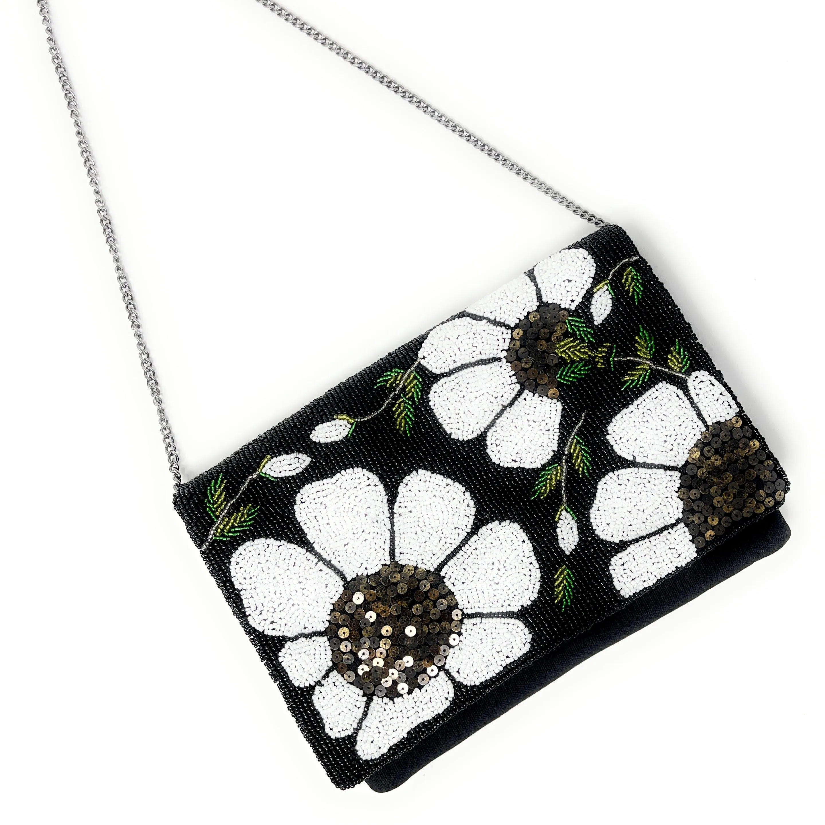 White Black Poppy Beaded Sequin Clutch Purse