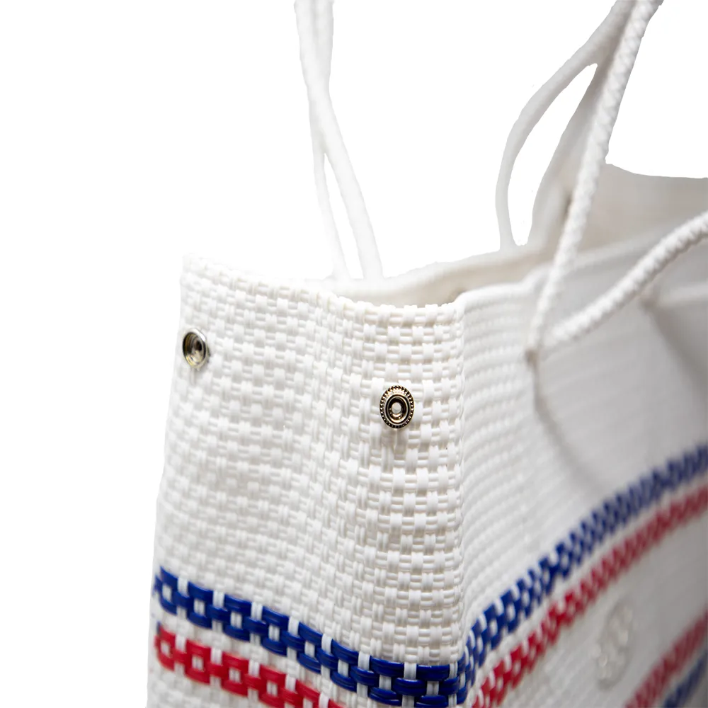 WHITE BLUE RED LINE  STRIPED TRAVEL TOTE BAG WITH CLUTCH