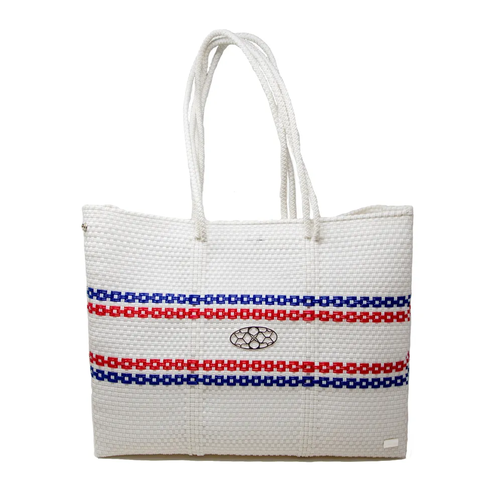 WHITE BLUE RED LINE  STRIPED TRAVEL TOTE BAG WITH CLUTCH