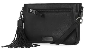 Women's Classic Leather Hip Bag w/ Tassel & Strap - Black